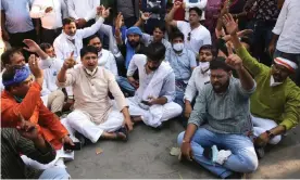  ?? Photograph: Rajat Gupta/EPA ?? Protesters from the Bhim Army, a party championin­g the rights of Dalits, gathered outside the hospital in Delhi after the woman’s death on Tuesday.