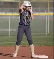  ?? CARLOS GUERRERO/DAILY DEMOCRAT ?? Pioneer High School freshman shortstop Marisa Bryson after a double during the Patriots game against Del Oro, Friday, March 31.