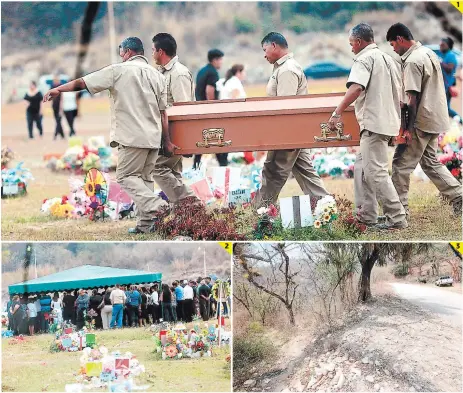  ?? FOTOS: ESTALIN IRÍAS ?? (1) Momentos en que trasladan a la tumba el cadáver del estudiante Carlos Javier Alemán. (2) Familiares y amistades llegaron al cementerio para darle cristiana sepultura. (3) Por este camino, en el sector de El Carpintero, salieron corriendo los...