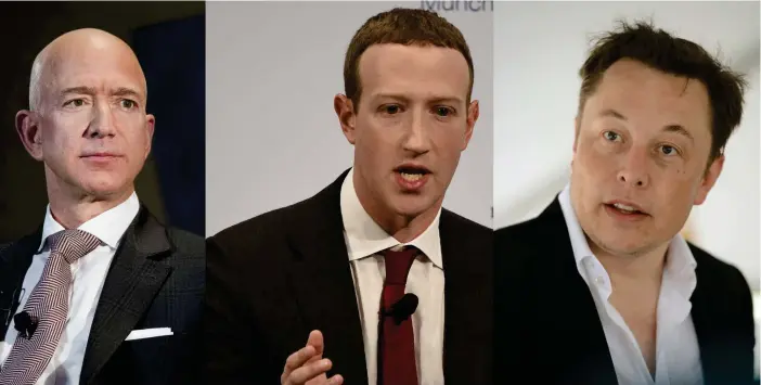  ?? FOTO: CLIFF OVEN/AP-JENS MEYER/AP-BRAD BOHERTY/AP ?? Jeff Bezos, Mark Zuckerberg och Elon Musk placerar sig alla på topp-10-listan över världens rikaste personer.