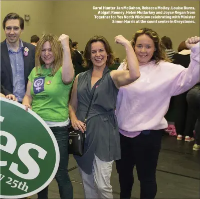  ??  ?? Carol Hunter, Ian McGahon, Rebecca Molloy, Louise Burns, Abigail Rooney, Helen Mullarkey and Joyce Regan from Together for Yes North Wicklow celebratin­g with Minister Simon Harris at the count centre in Greystones.