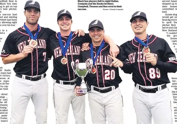  ?? Picture / Charlie Compain ?? Black Sox players (left to right) Kallan Compain and the Enoka brothers Campbell, Thomas and Ben revel in their success.