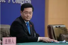 ?? The Associated Press ?? ■ Chinese Foreign Minister Qin Gang looks on during a press conference held on the sidelines of the annual meeting of China’s National People’s Congress (NPC) in Beijing on Tuesday.