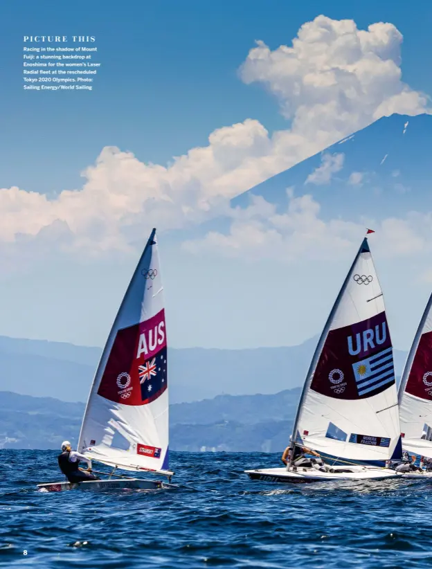  ??  ?? PICTURE THIS
Racing in the shadow of Mount Fuiji: a stunning backdrop at Enoshima for the women’s Laser Radial fleet at the reschedule­d Tokyo 2020 Olympics. Photo: Sailing Energy/world Sailing