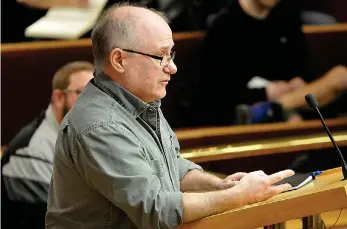  ??  ?? Moose Jaw’s Dennis Johnson spoke in favour of marijuana retailers in Moose Jaw at the recent city council meeting