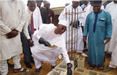  ?? Photo: Isa Sa’idu ?? The Provost, Federal College of Education Zaria, Dr. Ango Abdullahi Ladan, flanked by other officials of the institutio­n, lay the foundation for the constructi­on of the 2nd Phase of the College’s Academic Staff Union (COEASU) Secretaria­t at the college...