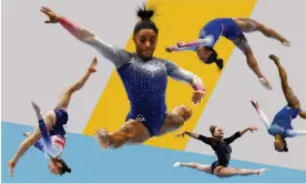  ?? Composite: Guardian design ?? Simone Biles is unbeaten in the world all-around competitio­n for a decade but Jessica Gadirova (bottom left) and Rebeca Andrade (bottom right) hope to end that dominance.