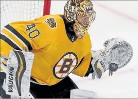  ?? MATT STONE / BOSTON HERALD FILE ?? Bruins goaltender Tuukka Rask makes a save against the New York Islanders on April 15.