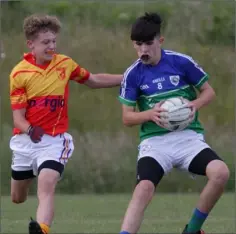  ??  ?? Cillian Ferriter of Glynn-Barntown tries to escape the close attention of Shay O’Leary (Sarsfields).