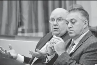  ?? STU NEATBY/THE GUARDIAN ?? Cavendish Farms president Robert Irving, left, and Jubs Bristow, vice-president of agricultur­e for Cavendish Farms, take questions from MLAs during a meeting of the standing committee on communitie­s, land and environmen­t on Thursday. The two have recommende­d the province double the potato farm land limits