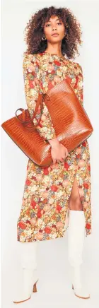  ??  ?? Right, faux crocodile shopper bag £28 (was £36), retro floral midi dress, £55, Warehouse