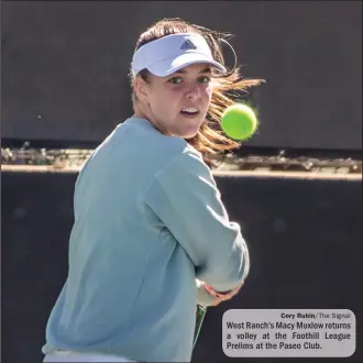  ?? Cory Rubin/The Signal ?? West Ranch’s Macy Muxlow returns a volley at the Foothill League Prelims at the Paseo Club.