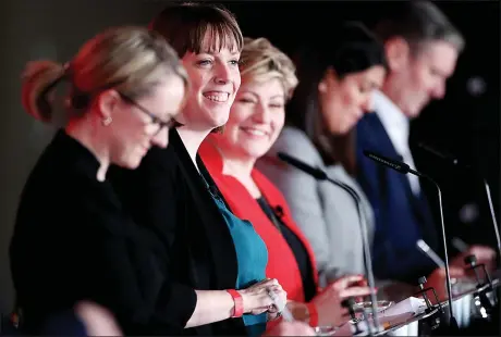  ?? Picture: DANNY LAWSON/PA ?? CRISIS MANAGEMENT: Jess Phillips and her four rivals for the Labour leadership in Liverpool yesterday