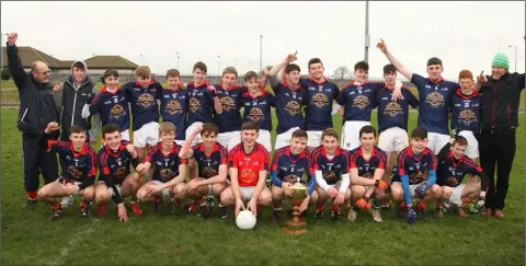  ??  ?? The Dunbrody Gaels combinatio­n celebrate their Jim Byrne Cup crown in St. Patrick’s Park on Sunday.