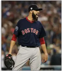  ?? AP/JAE C. HONG ?? Boston Red Sox pitcher David Price celebrates the end of the seventh inning during a 5-1 victory Sunday night. Price allowed 3 hits and 1 earned run while striking out 5 in 7 innings while picking up his second World Series victory over the Los Angeles Dodgers.