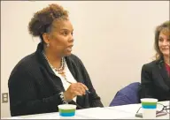  ?? Brian Zahn / Hearst Connecticu­t Media ?? New Haven Board of Education member Tamiko Jackson-McArthur and former Metropolit­an Business Academy Principal Judy Puglisi on Thursday.