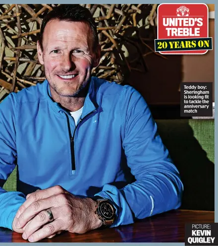 ??  ?? Teddy boy: Sheringham is looking fit to tackle the anniversar­y match