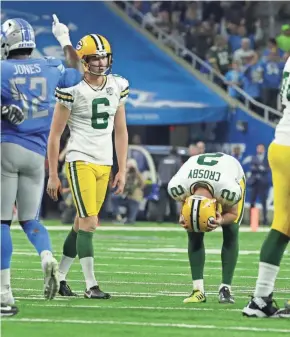  ?? RICK WOOD / MILWAUKEE JOURNAL SENTINEL ?? Packers kicker Mason Crosby reacts after one of his five missed kicks against the Lions at Ford Field in 2018.