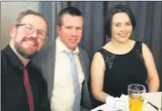  ??  ?? Glanmire Macra members Mike Buckley, Sean Ahern and Clare Daly at Carrigalin­e Macra’s New Year’s ball.