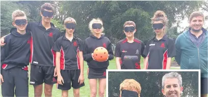  ??  ?? ●● Teacher Alex Bedwell (far right) and his team of year 10s and 11s donned blind folds for the sensory game; right, headteache­r James Allan celebrates with man of the match Ed Gorton