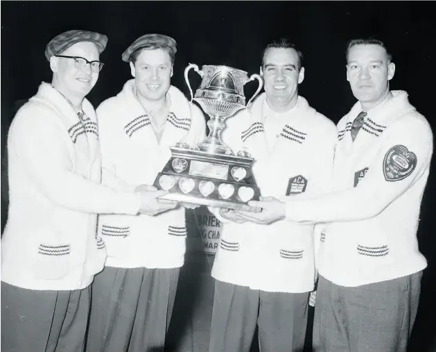  ?? Provincial Archives of Al berta ?? Hometown heroes, from left, Jimmy Collins, Matt Baldwin, Glenn Gray and Pete Ferry hoist the Tankard after winning the first Brier held in Edmonton in 1954.