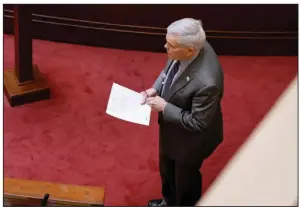  ?? (Arkansas Democrat-Gazette/Thomas Metthe) ?? Sen. Dan Sullivan, R-Jonesboro, waits to close on House Bill 1156, which would restrict students’ choice of a bathroom based on the sex they were assigned at birth, during the Senate session on Monday at the state Capitol in Little Rock.