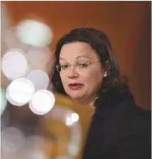  ?? TOBIAS SCHWARZ AGENCE FRANCE-PRESSE ?? Par voie de communiqué, la ministre allemande du Travail, Andrea Nahles, a souligné que le nombre historique­ment élevé de chômeurs de l’année 2005 a pu être divisé par deux en Allemagne.