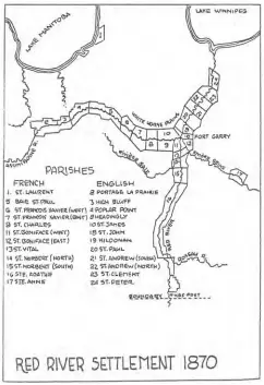  ??  ?? Above left: A list of the French and English parishes that existed in the Red River Settlement in 1870. Above right: A public notice calls for an emergency meeting on April 20, 1870, to discuss the “Red River Outrage.” It also calls for Métis leader Louis Riel’s hanging.