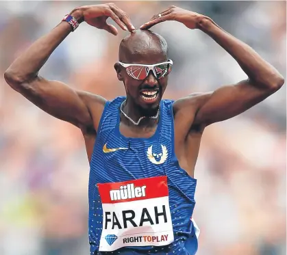  ??  ?? Mo Farah was in dominant form as he romped to his triumph in the 5000m yesterday.