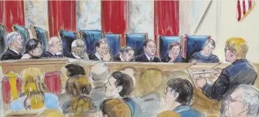  ?? AP DRAWING ?? OPENING ARGUMENTS: Attorney Brenda G. Bryn, far right standing, speaks to, from left, Justices Neil Gorsuch, Sonia Sotomayor, Stephen Breyer, Clarence Thomas, John Roberts, Ruth Bader Ginsburg, Samuel Alito Jr., Elena Kagan and Brett Kavanaugh, at the Supreme Court in Washington on Tuesday.