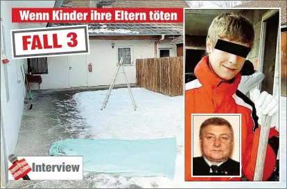  ??  ?? Mit einer Hacke erschlug Florian M. seinen Vater Franz ( 53) auf dessen Anwesen. Der 20- Jährige gilt als geistesges­tört. Er sagt, dass ihm ein Engel die Tat befohlen habe. Wenn Kinder ihre Eltern töten FALL 3