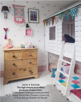  ??  ?? AVA’S ROOM
The high sleeper bed makes good use of space here. Christophe­r midsleeper treehouse bed, £499, Noa & Nani. Pompon cotton rug in Grey, £47.99, Maisons du Monde