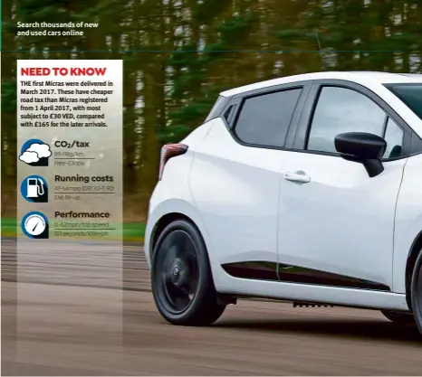  ?? ?? THE first Micras were delivered in March 2017. These have cheaper road tax than Micras registered from 1 April 2017, with most subject to £30 VED, compared with £165 for the later arrivals.
CO2/tax
Running costs
Performanc­e