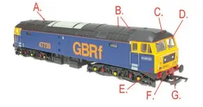  ?? ?? ↑ The base model for the Appleby-Frodingham project is one of Hornby’s latest Class 47 releases dressed in GB Railfreigh­t livery. Upgrading includes new fan grilles (A); changes to the boiler port arrangemen­t (B); cab roof aerials (C); flush glazing (D) and the removal of mould lines at the cab corners (E). Bufferbeam­s will be modified with the correct buffers (F) and changes made to the frame end plate detail (G).