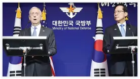  ??  ?? US Secretary of Defense Jim Mattis, left, and South Korea’s Defense Minister Song Young-Moo hold a joint press conference after the Security Consultati­ve Meeting (SCM) at the Defence Ministry in Seoul on Saturday. (AFP)