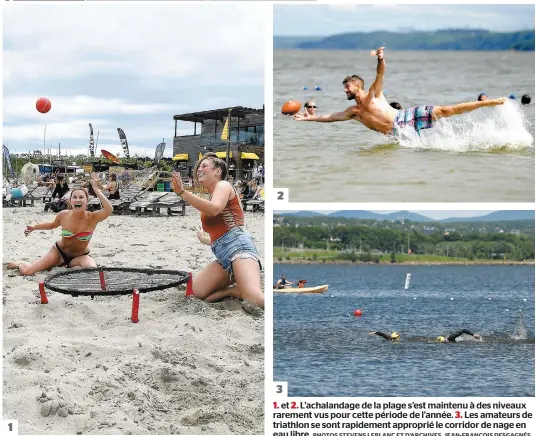  ?? PHOTOS STEVENS LEBLANC ET D’ARCHIVES, JEAN-FRANÇOIS DESGAGNÉS ?? 1. et 2. L’achalandag­e de la plage s’est maintenu à des niveaux rarement vus pour cette période de l’année. 3. Les amateurs de triathlon se sont rapidement approprié le corridor de nage en eau libre.