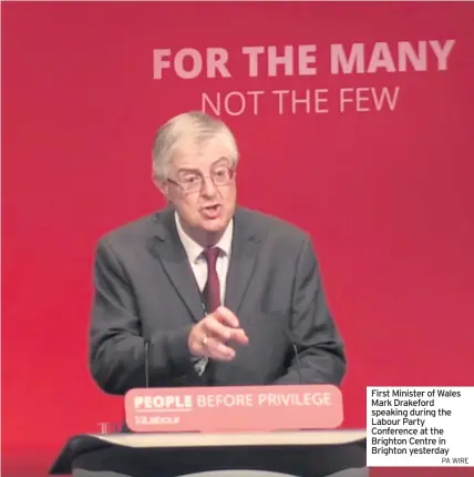  ?? PA WIRE ?? First Minister of Wales Mark Drakeford speaking during the Labour Party Conference at the Brighton Centre in Brighton yesterday