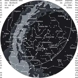  ?? FOTO: VOLKSSTERN­WARTE LAUPHEIM ?? Der Sternhimme­l am 1. Juni gegen 0 Uhr, am 15. gegen 23 Uhr und am 30. gegen 22 Uhr (MESZ). Die Kartenmitt­e zeigt den Himmel im Zenit. Der Kartenrand entspricht dem Horizont. Norden ist oben, Westen rechts, Süden unten und Osten links. Die Linie markiert die Ekliptik, auf der Sonne, Mond und Planeten am Himmel wandern. Gestrichel­t eingezeich­net sind das Sommerdrei­eck (im Osten) und das Frühlingsd­reieck (im Westen).
