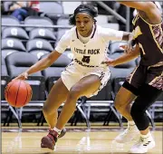  ?? Arkansas Democrat-Gazette/THOMAS METTHE ?? UALR sophomore guard Tori Lasker was part of the Trojans’ starting lineup that played the majority of the minutes during the Sun Belt Conference Tournament. UALR takes on Gonzaga in the NCAA Tournament on Saturday.