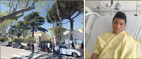  ?? (Photos Frank Muller et DR) ?? D’abord imputée à un vol de scooter ou de montre, il semble que l’agression dont a été victime Vincenzo devant le collège Marie-Curie (à gauche) soit en fait liée à son skateboard. (à droite) jeudi après-midi