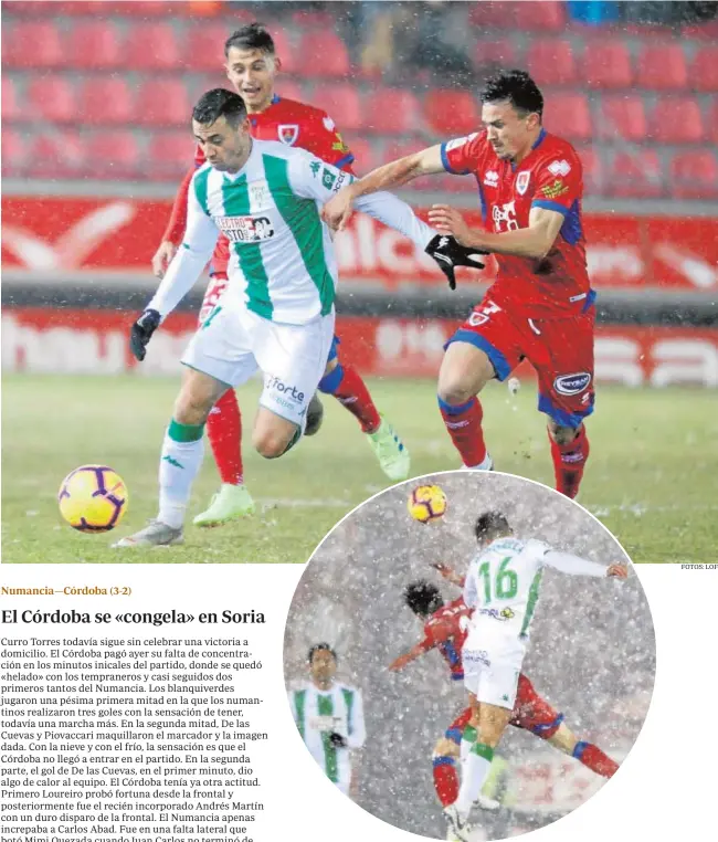  ?? FOTOS: LOF ?? El cordobesis­ta Jaime Romero entre dos rivales, ayer, en el partido ante el Numancia