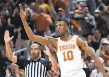  ?? ERIC GAY AP ?? Texas’ Sir’jabari Rice, who scored 20 of his 24 points after halftime, reacts after scoring against Oklahoma.