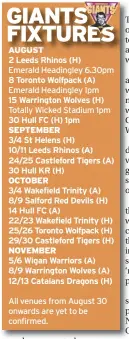  ??  ?? 2 Leeds Rhinos (H)
Emerald Headingley 6.30pm 8 Toronto Wolfpack (A) Emerald Headingley 1pm
15 Warrington Wolves (H) Totally Wicked Stadium 1pm 30 Hull FC (H) 1pm
3/4 St Helens (H)
10/11 Leeds Rhinos (A) 24/25 Castleford Tigers (A) 30 Hull KR (H) 5/6 Wigan Warriors (A)
8/9 Warrington Wolves (A) 12/13 Catalans Dragons (H)
All venues from August 30 onwards are yet to be confirmed.