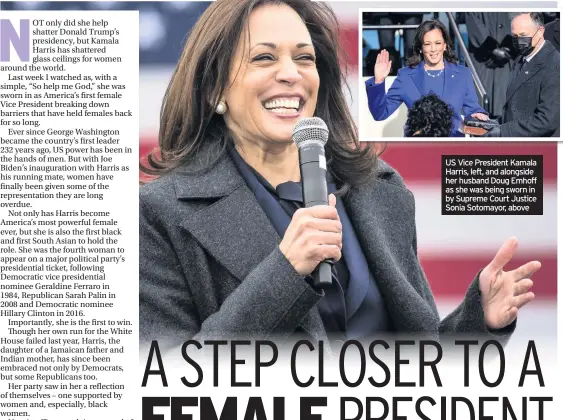  ??  ?? US Vice President Kamala Harris, left, and alongside her husband Doug Emhoff as she was being sworn in by Supreme Court Justice Sonia Sotomayor, above