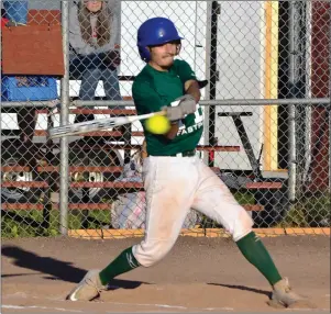  ?? ERIC MCCARTHY/JOURNAL PIONEER ?? Gabe Penalver makes contact and advances to first on a fielder’s choice during play in the Canadian under-18 male fastpitch championsh­ip on Thursday night. He accounted for one of the 12 hits Team P.E.I. registered in a 12-2 win over New Brunswick’s...