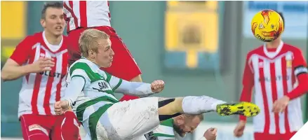  ??  ?? ■ Chris Angus fires in Buckie Thistle’s second goal against Formartine