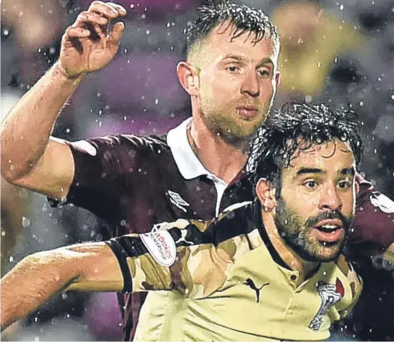  ?? Picture: SNS Group. ?? Dundee striker Sofien Moussa is closely marked by Hearts’ Rafal Grzelak as Neil McCann’s men crash at Tynecastle.