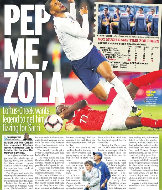  ??  ?? STAR-STUDDED Loftus-Cheek with big names on bench at Huddersfie­ld Loftus-Cheek fouled in the 1-0 win over Switzerlan­d on Tuesday