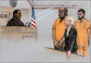  ?? AP PHOTO BY JANE FLAVELL COLLINS ?? In this 2015, file, courtroom sketch, David Wright, second from left, is depicted standing before Magistrate Judge Donald Cabell, left, with attorney Jessica Hedges, second from right, and Nicholas Rovinski, right, during a hearing in federal court in...