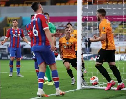  ??  ?? Daniel Podence (centre) wheels away in celebratio­n after opening the scoring for Wolves last night